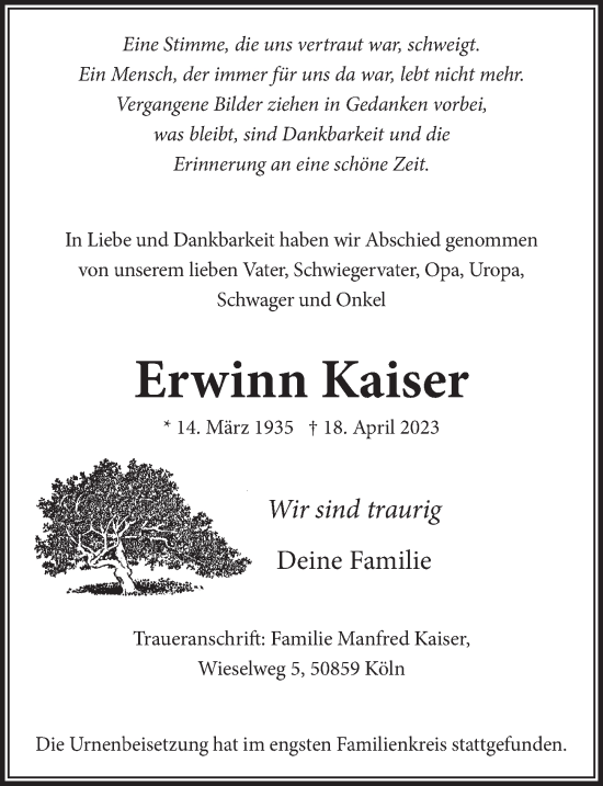 Anzeige von Erwinn Kaiser von  Wochenende 