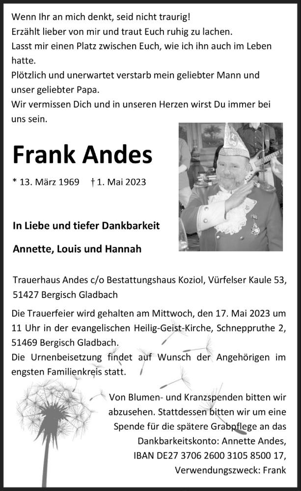  Traueranzeige für Frank Andes vom 18.07.2023 aus  Bergisches Handelsblatt 