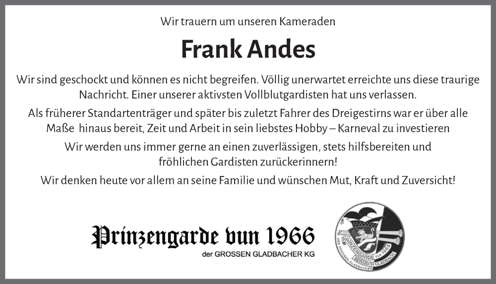  Traueranzeige für Frank Andes vom 18.07.2023 aus  Bergisches Handelsblatt 