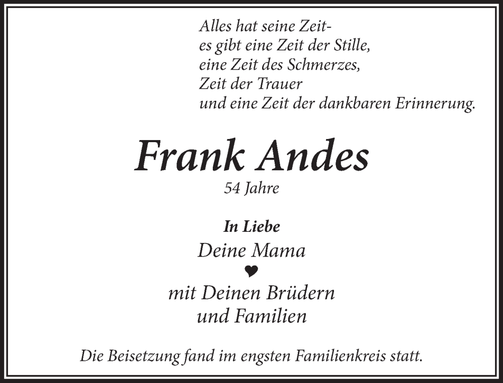  Traueranzeige für Frank Andes vom 18.07.2023 aus  Bergisches Handelsblatt 