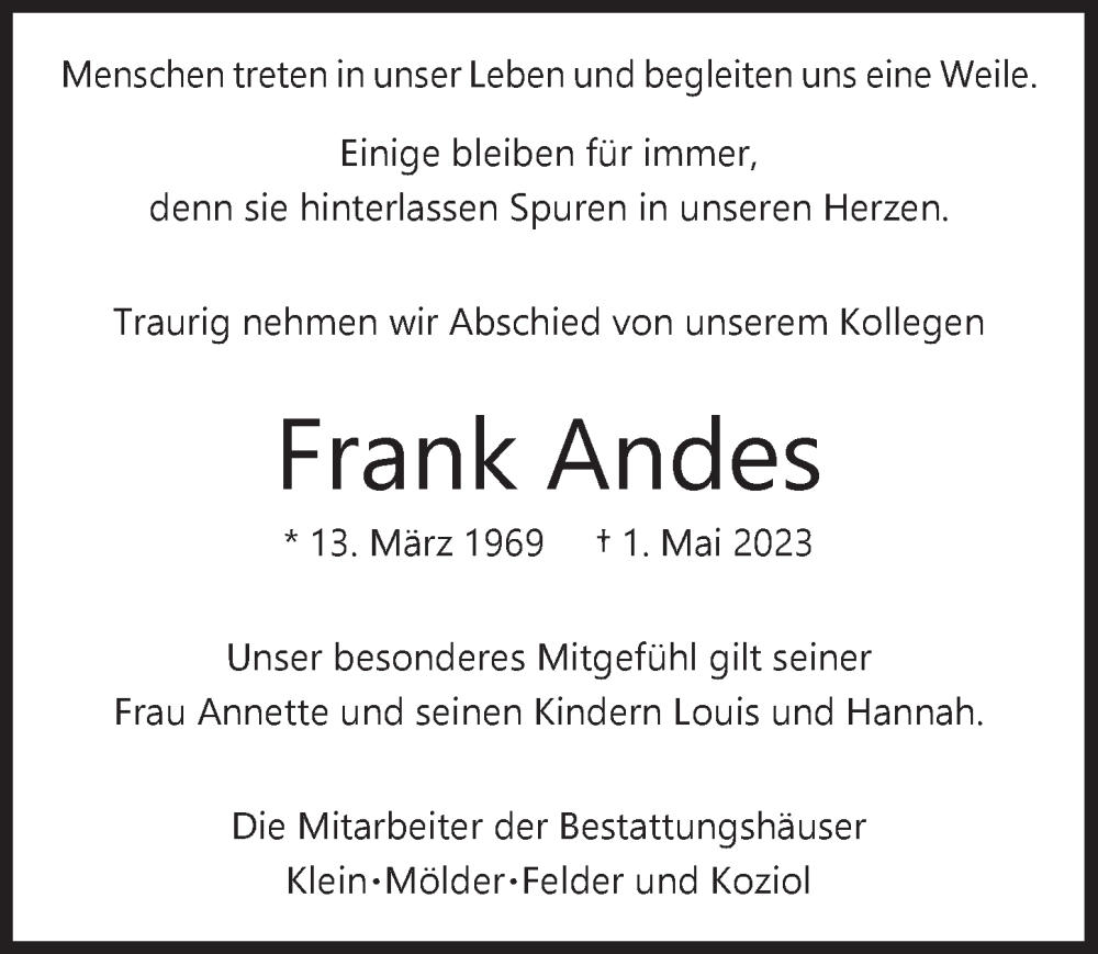  Traueranzeige für Frank Andes vom 18.07.2023 aus  Bergisches Handelsblatt 