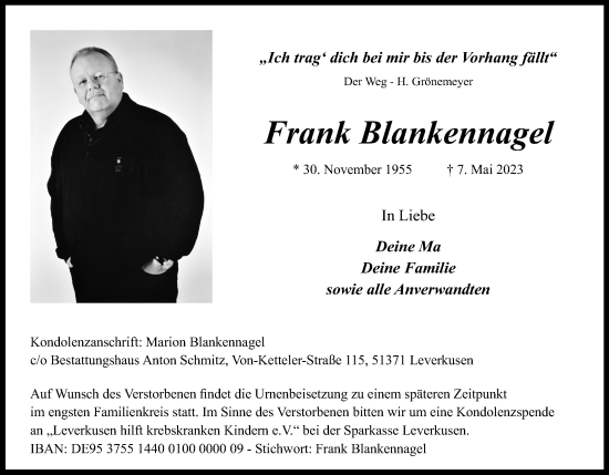 Anzeige von Frank Blankennagel von Kölner Stadt-Anzeiger / Kölnische Rundschau / Express