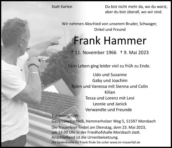 Anzeige von Frank Hammer von  Lokalanzeiger 