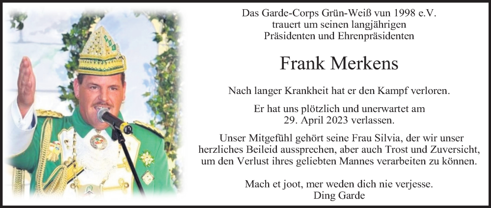  Traueranzeige für Frank Merkens vom 06.05.2023 aus Kölner Stadt-Anzeiger / Kölnische Rundschau / Express