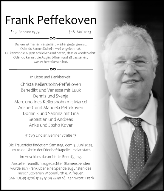 Anzeige von Frank Peffekoven von Kölner Stadt-Anzeiger / Kölnische Rundschau / Express