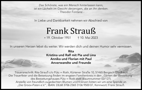 Anzeige von Frank Strauß von Kölner Stadt-Anzeiger / Kölnische Rundschau / Express