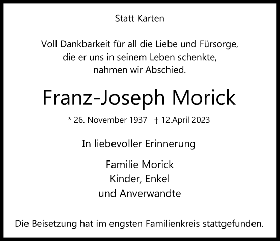 Anzeige von Franz-Joseph Morick von Kölner Stadt-Anzeiger / Kölnische Rundschau / Express
