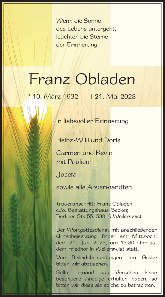 Anzeige von Franz Obladen von  Blickpunkt Euskirchen 