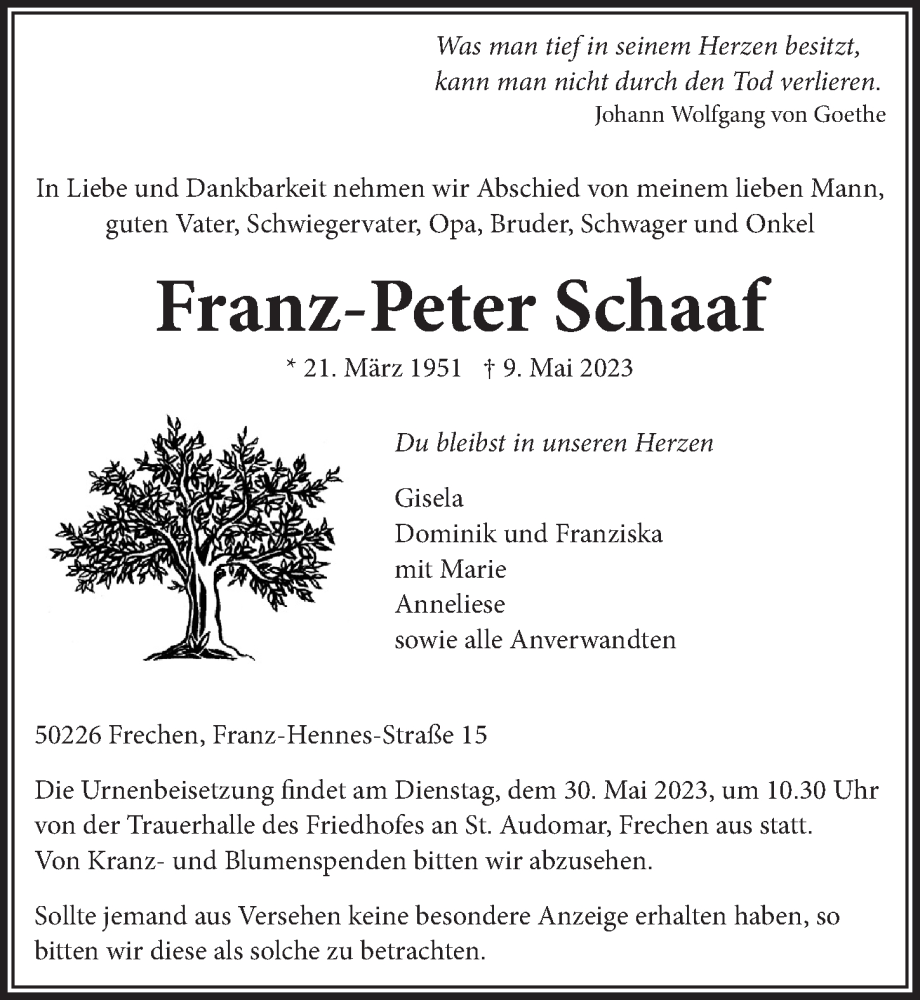 Traueranzeige für Franz-Peter Schaaf vom 19.05.2023 aus  Wochenende 