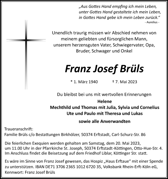 Anzeige von Franz Josef Brüls von Kölner Stadt-Anzeiger / Kölnische Rundschau / Express