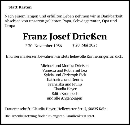 Anzeige von Franz Josef Drießen von Kölner Stadt-Anzeiger / Kölnische Rundschau / Express