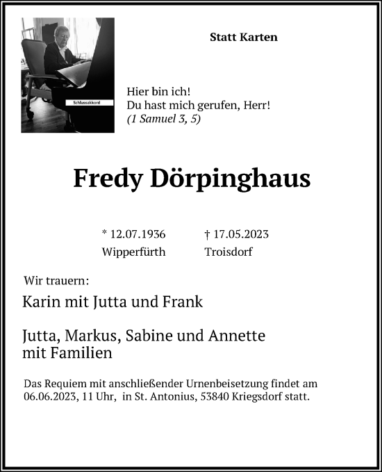 Anzeige von Fredy Dörpinghaus von Kölner Stadt-Anzeiger / Kölnische Rundschau / Express