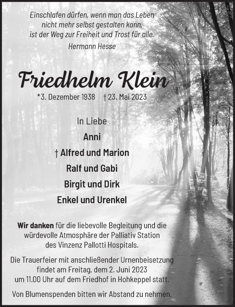  Traueranzeige für Friedhelm Klein vom 26.05.2023 aus  Bergisches Handelsblatt 
