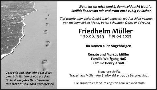 Anzeige von Friedhelm Müller von  Anzeigen Echo 