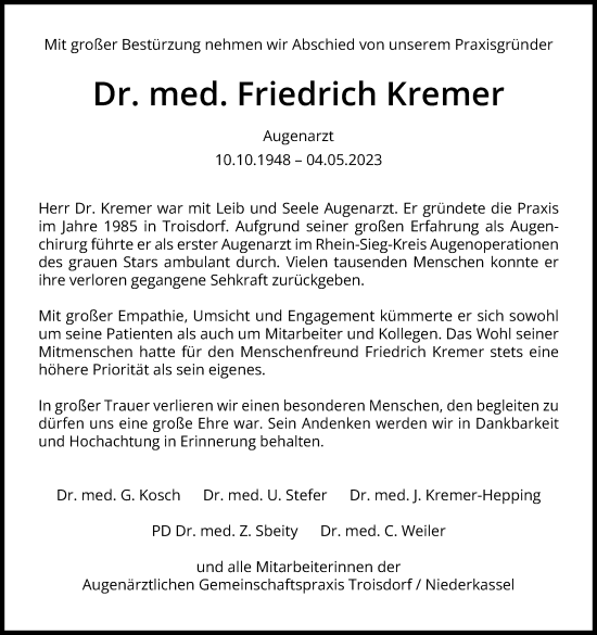 Anzeige von Friedrich Kremer von Kölner Stadt-Anzeiger / Kölnische Rundschau / Express