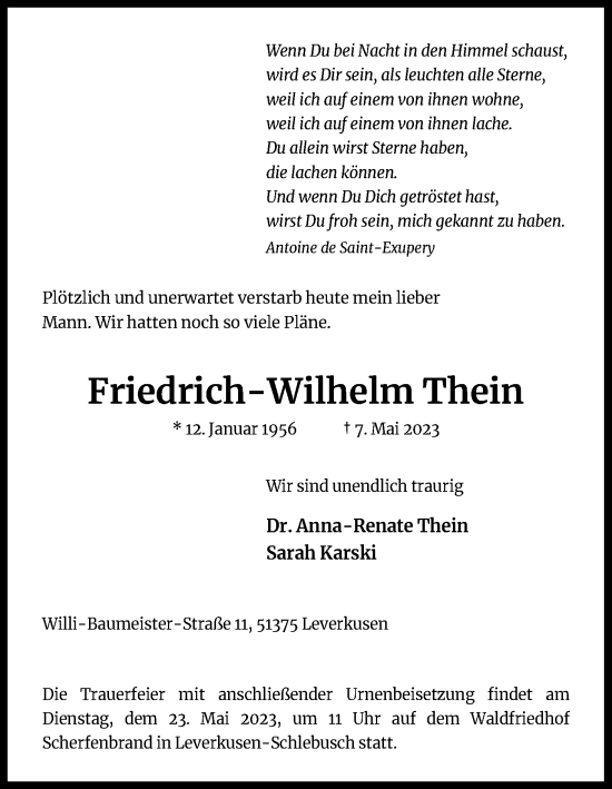 Anzeige von Friedrich-Wilhelm Thein von Kölner Stadt-Anzeiger / Kölnische Rundschau / Express