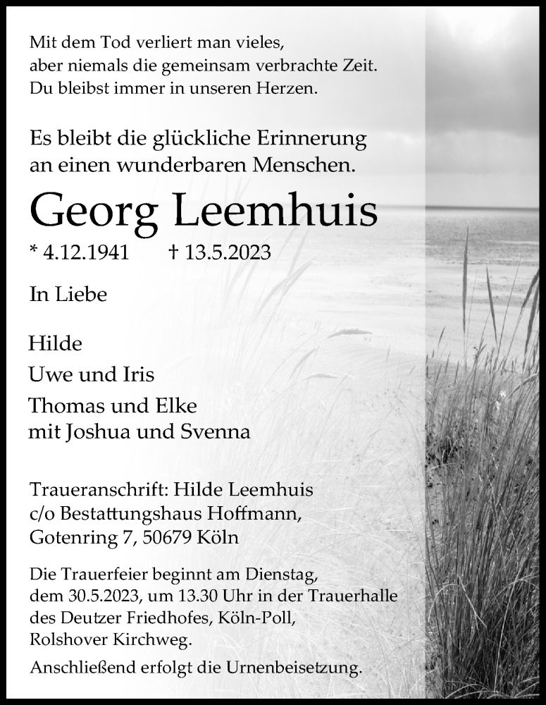  Traueranzeige für Georg Leemhuis vom 20.05.2023 aus Kölner Stadt-Anzeiger / Kölnische Rundschau / Express