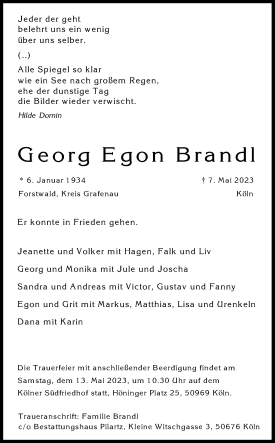 Anzeige von Georg Egon Brandl von Kölner Stadt-Anzeiger / Kölnische Rundschau / Express