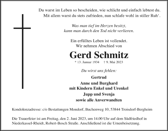 Anzeige von Gerd Schmitz von Kölner Stadt-Anzeiger / Kölnische Rundschau / Express