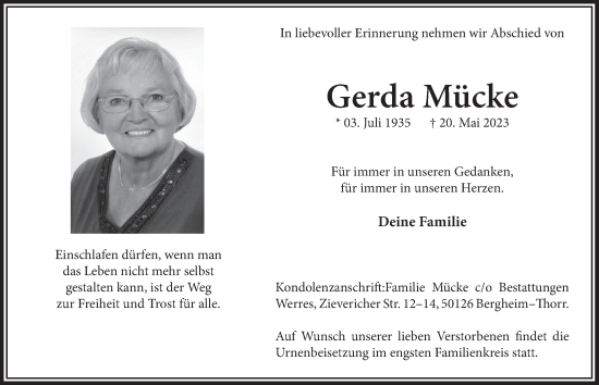 Anzeige von Gerda Mücke von  Werbepost 
