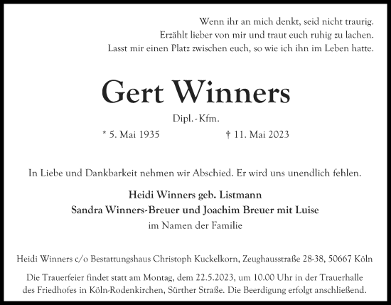 Anzeige von Gert Winners von Kölner Stadt-Anzeiger / Kölnische Rundschau / Express