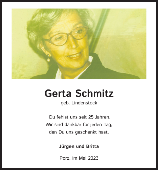 Anzeige von Gerta Schmitz von Kölner Stadt-Anzeiger / Kölnische Rundschau / Express
