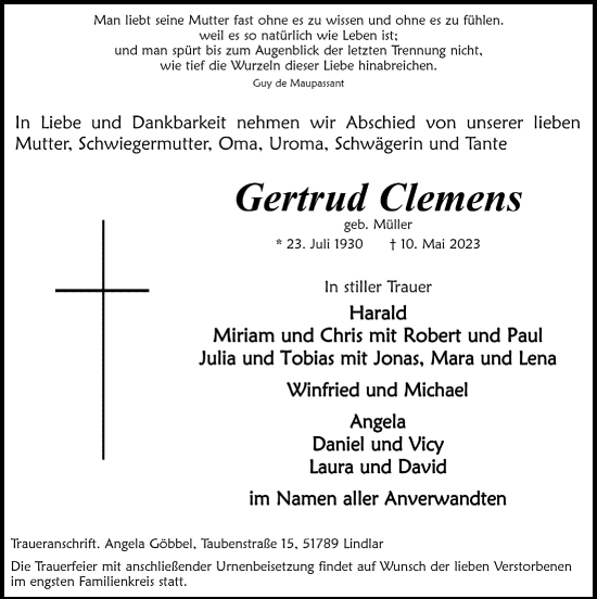 Anzeige von Gertrud Clemens von  Anzeigen Echo 