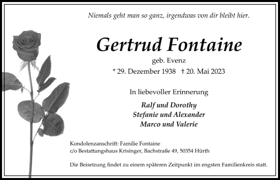 Anzeige von Gertrud Fontaine von  Wochenende 
