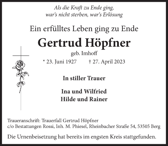 Anzeige von Gertrud Höpfner von  Schaufenster/Blickpunkt 