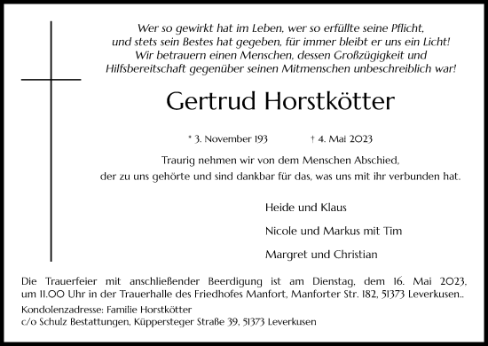 Anzeige von Gertrud Horstkötter von Kölner Stadt-Anzeiger / Kölnische Rundschau / Express
