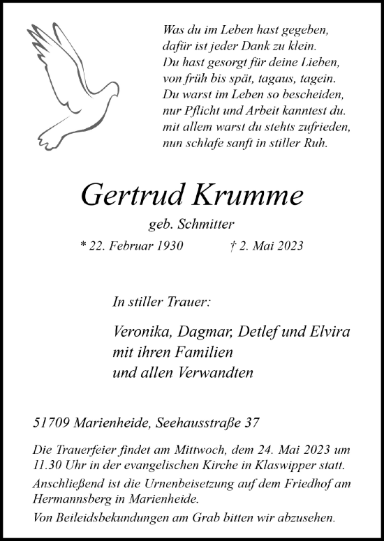 Anzeige von Gertrud Krumme von  Anzeigen Echo 