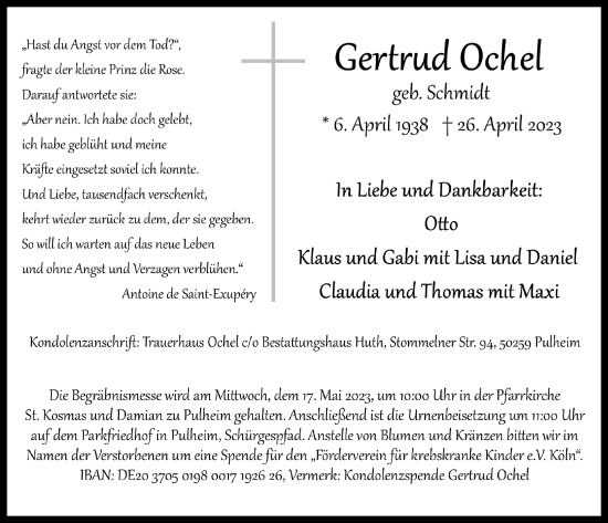 Anzeige von Gertrud Ochel von  Wochenende 