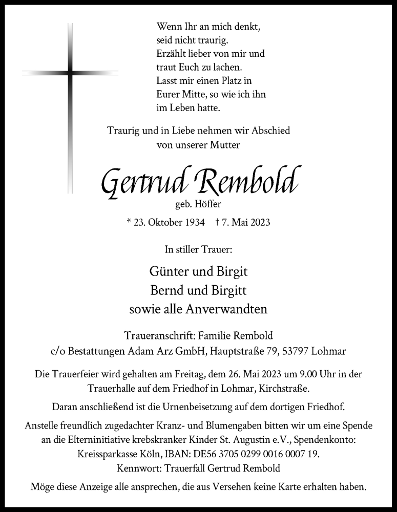  Traueranzeige für Gertrud Rembold vom 20.05.2023 aus Kölner Stadt-Anzeiger / Kölnische Rundschau / Express