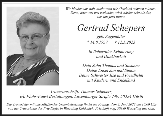 Anzeige von Gertrud Schepers von  Wochenende  Schlossbote/Werbekurier 