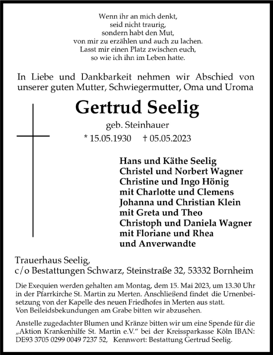 Anzeige von Gertrud Seelig von  Schaufenster/Blickpunkt  Schlossbote/Werbekurier 