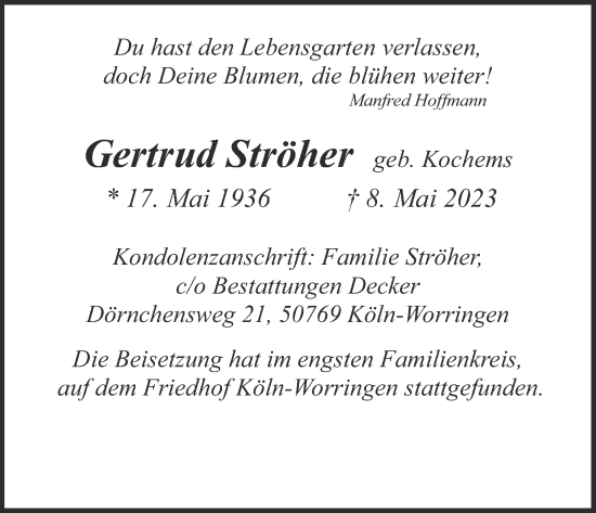 Anzeige von Gertrud Ströher von Kölner Stadt-Anzeiger / Kölnische Rundschau / Express