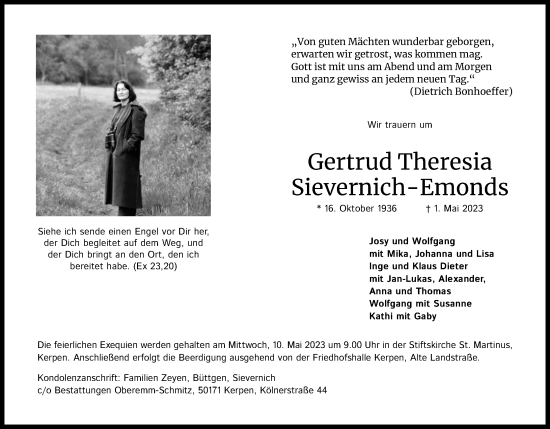 Anzeige von Gertrud Theresia Sievernich-Emonds von Kölner Stadt-Anzeiger / Kölnische Rundschau / Express