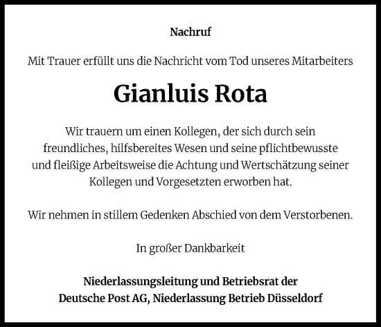 Anzeige von Gianluis Rota von Kölner Stadt-Anzeiger / Kölnische Rundschau / Express