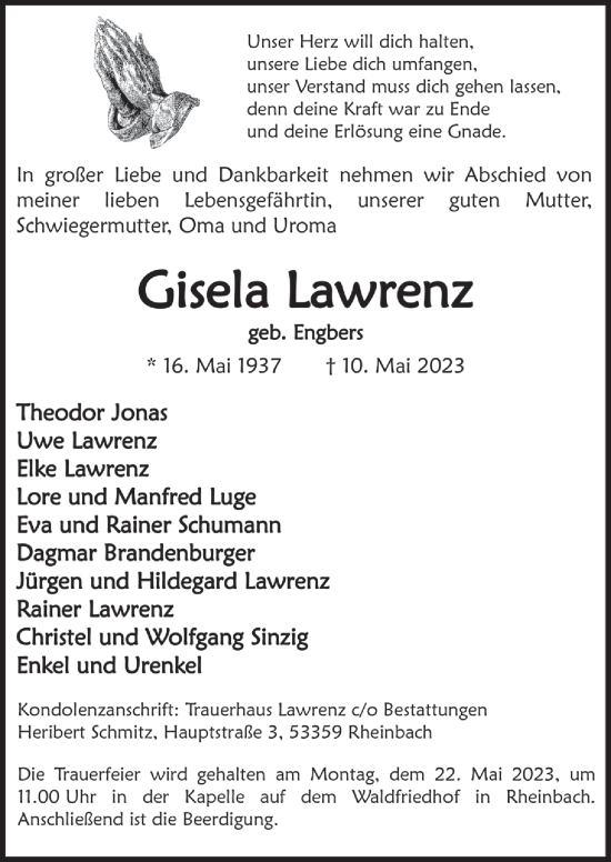 Anzeige von Gisela Lawrenz von  Schaufenster/Blickpunkt 