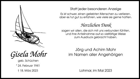 Anzeige von Gisela Mohr von Kölner Stadt-Anzeiger / Kölnische Rundschau / Express