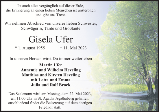 Anzeige von Gisela Ufer von Kölner Stadt-Anzeiger / Kölnische Rundschau / Express