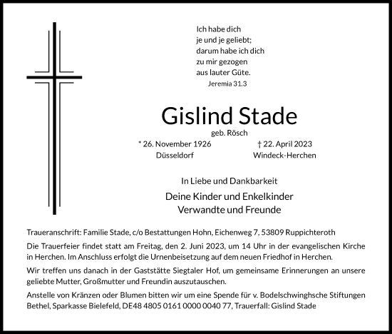 Anzeige von Gislind Stade von Kölner Stadt-Anzeiger / Kölnische Rundschau / Express