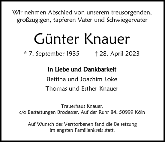 Anzeige von Günter Knauer von Kölner Stadt-Anzeiger / Kölnische Rundschau / Express