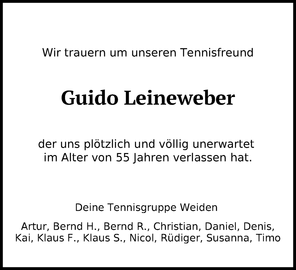  Traueranzeige für Guido Leineweber vom 31.05.2023 aus Kölner Stadt-Anzeiger / Kölnische Rundschau / Express