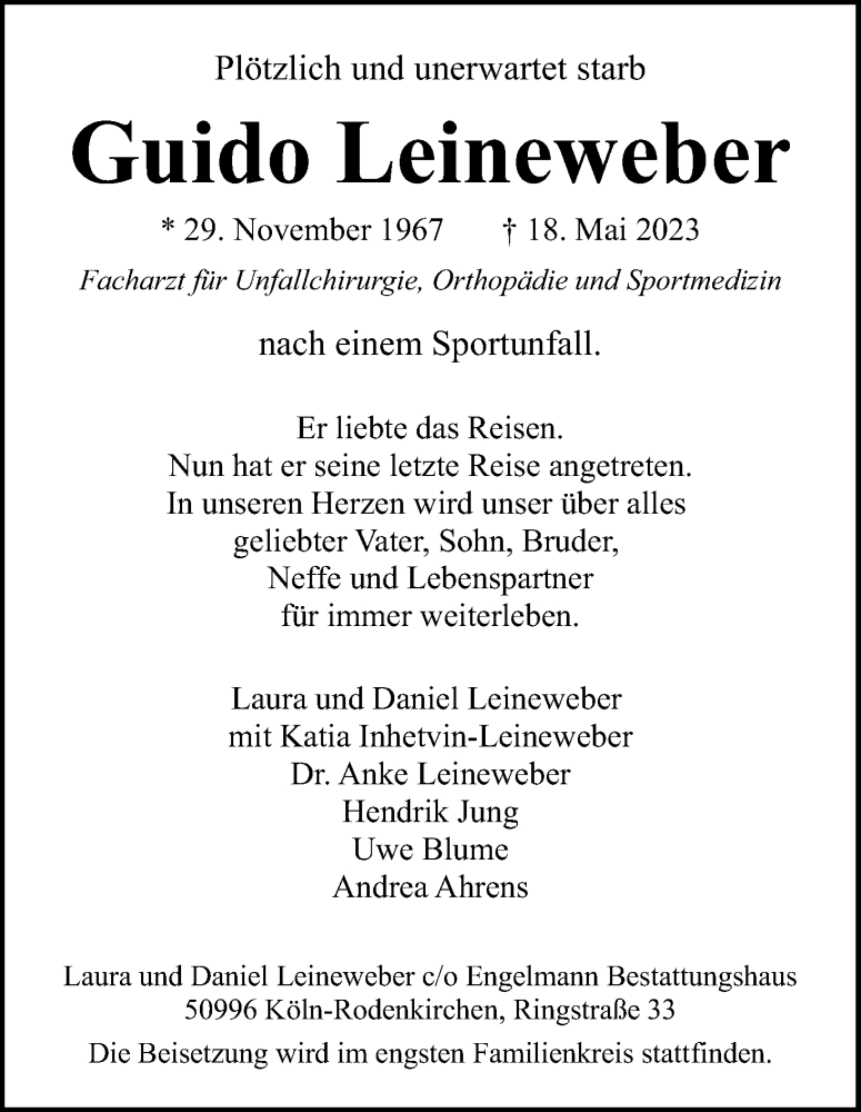 Traueranzeige für Guido Leineweber vom 27.05.2023 aus Kölner Stadt-Anzeiger / Kölnische Rundschau / Express