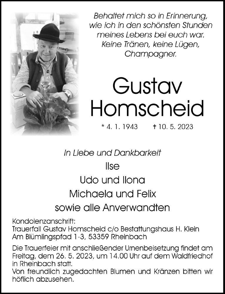  Traueranzeige für Gustav Homscheid vom 19.05.2023 aus  Schaufenster/Blickpunkt 