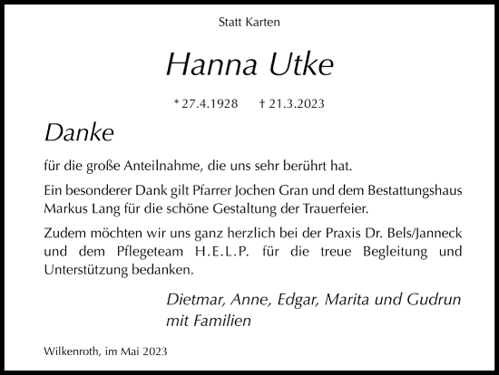 Anzeige von Hanna Utke von  Lokalanzeiger 
