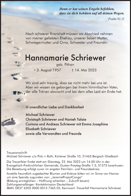 Anzeige von Hannamarie Schriewer von Kölner Stadt-Anzeiger / Kölnische Rundschau / Express