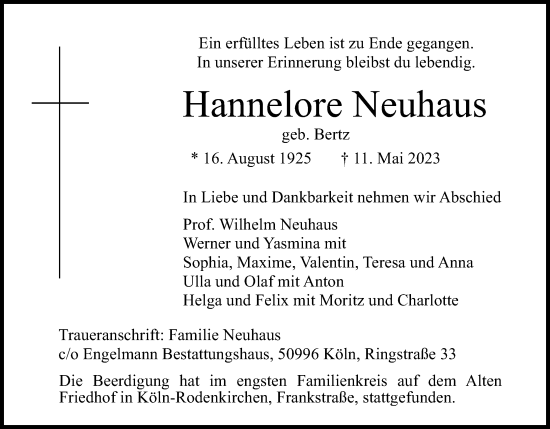 Anzeige von Hannelore Neuhaus von Kölner Stadt-Anzeiger / Kölnische Rundschau / Express