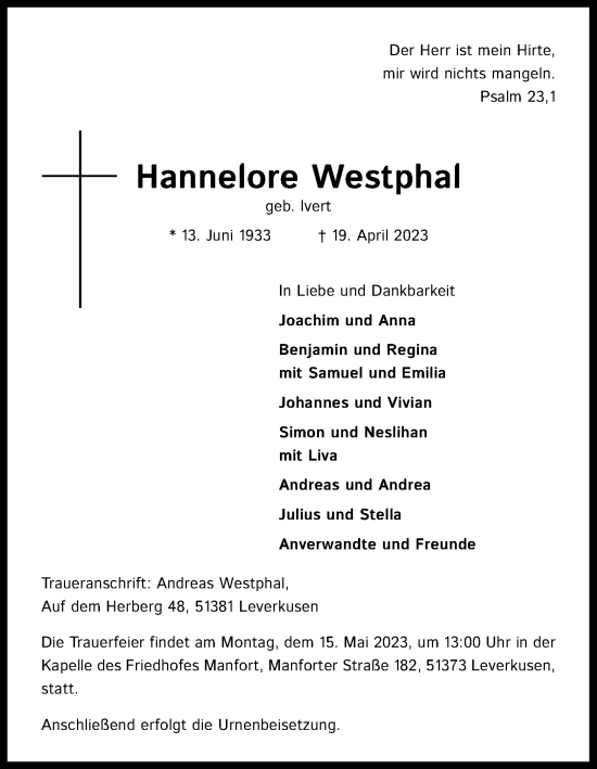 Anzeige von Hannelore Westphal von Kölner Stadt-Anzeiger / Kölnische Rundschau / Express